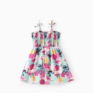 Disney Stitch Tropical Floral Print Smocked Camisole Girl Dress